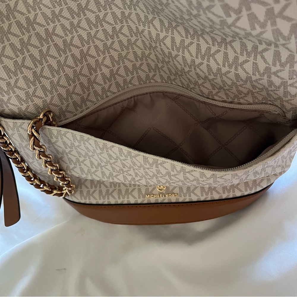 Michael Kors Reese Large Logo Gold Chain Shoulder Bag Cream With Tan Leather - Picture 11 of 16